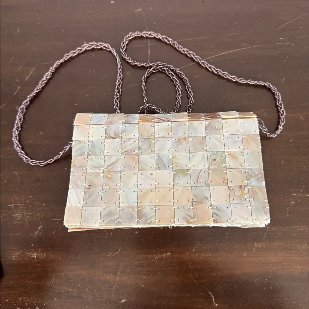 Shell with Iridescent Beaded Shoulder Strap Evening Bag